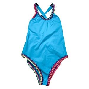 PilyQ Blue Crochet Trim One Piece Small NWOT